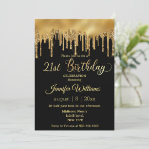 Invitation 21e anniversaire noir or goutte à goutte parties s