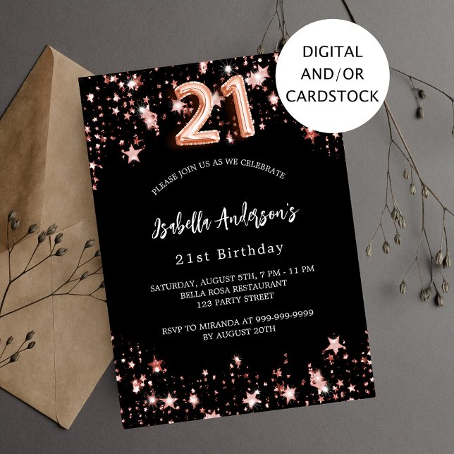 Invitation 21e anniversaire noir rose étoiles d'or (Créateur téléchargé)