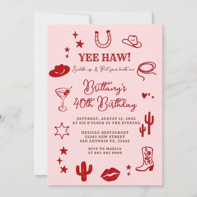Invitation 21e Anniversaire Occidental Pink Red Cowgirl (Devant)