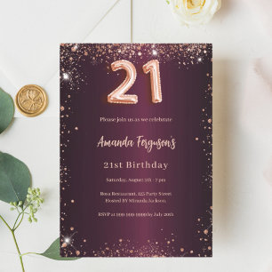 Invitation 21e anniversaire or rose bordeaux