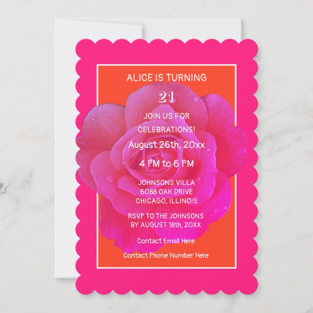 Invitation 21e anniversaire Orange Rose Rose Floral Fille mod (Devant)