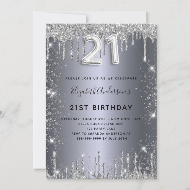 Invitation 21e anniversaire parties scintillant argent (Devant)