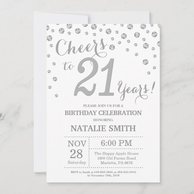 Invitation 21e anniversaire Parties scintillant d'argent Invi (Devant)