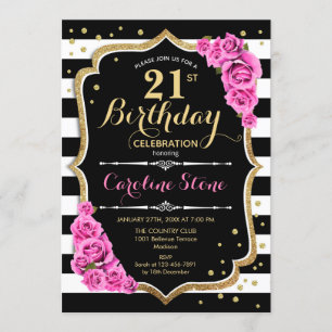 Invitation 21e anniversaire Pink Black White Strip