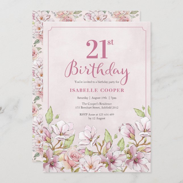 Invitation 21e anniversaire Pink Floral (Devant / Derrière)