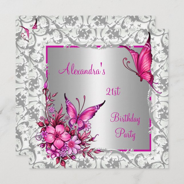 Invitation 21e anniversaire Pink Floral Papillon Argent Blanc (Devant / Derrière)