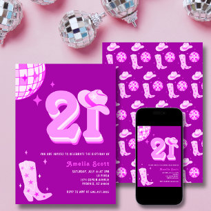 Invitation 21e Anniversaire Retro Disco Cowgirl Rodeo Hot ros