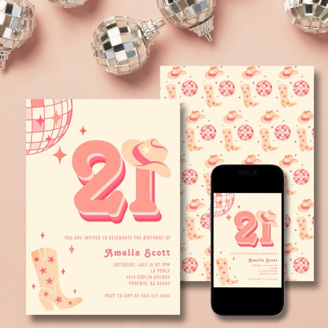 Invitation 21e Anniversaire Retro Disco Cowgirl Rodeo Peach r (Créateur téléchargé)