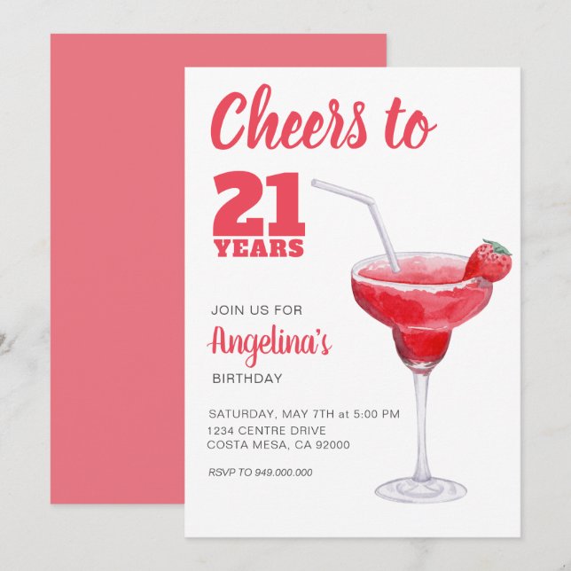 Invitation 21e anniversaire rose (Devant / Derrière)