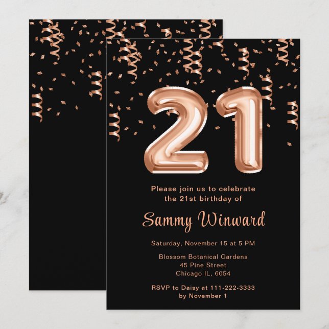 Invitation 21e Anniversaire Rose Ballons d'or avec Confetti (Devant / Derrière)
