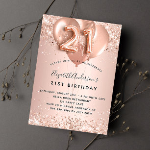 Invitation 21e anniversaire rose ballons d'or blush