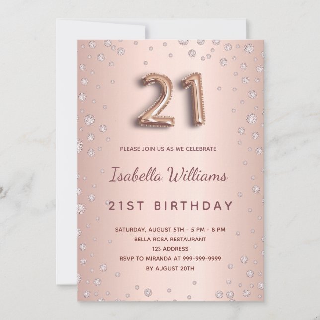 Invitation 21e anniversaire rose diamants d'or (Devant)