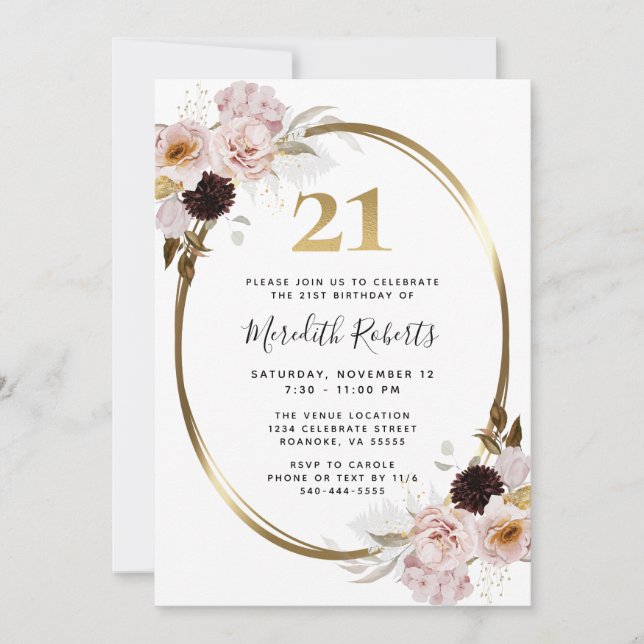 Invitation 21e anniversaire Rose Gold Metallic Floral Party (Devant)