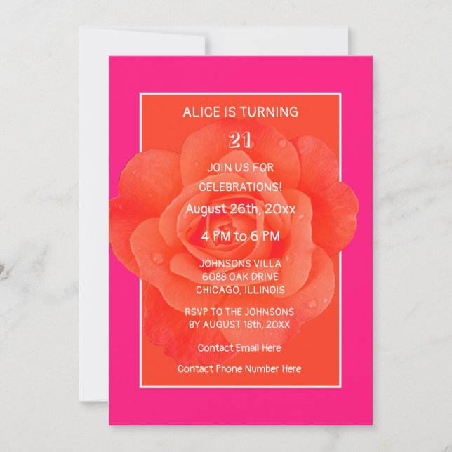 Invitation 21e anniversaire rose orange Rose Floral moderne (Devant)
