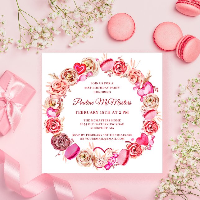 Invitation 21e Anniversaire Rose Rose Coeur Tourbillonnant Va (Créateur téléchargé)