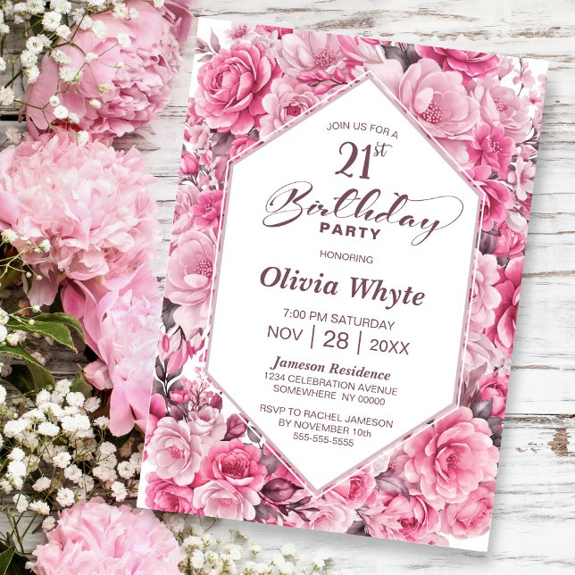 Invitation 21e anniversaire Rose Rose Floral Party (Créateur téléchargé)