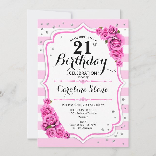 Invitation 21e anniversaire - Rose White Stripes Rose (Devant)
