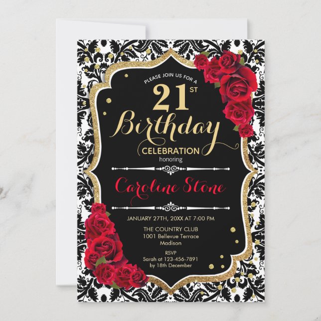 Invitation 21e anniversaire - Roses rouges Or noir Damas (Devant)
