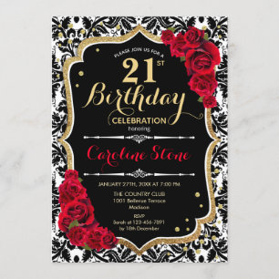 Invitation 21e anniversaire - Roses rouges Or noir Damas