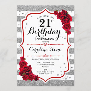 Invitation 21e anniversaire - Rouge argent blanc rayures Rose