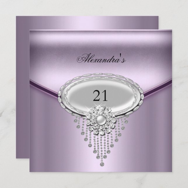 Invitation 21e anniversaire Silver White Lilac Jewel Image (Devant / Derrière)