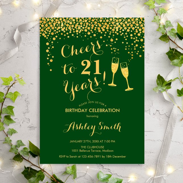 Invitation 21e Anniversaire - Soirée À 21 Ans Gold Green (Créateur téléchargé)