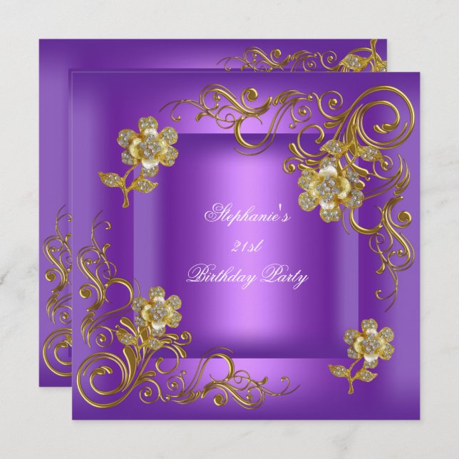 Invitation 21e Anniversaire Soirée Diamant Or Purple Or (Devant / Derrière)
