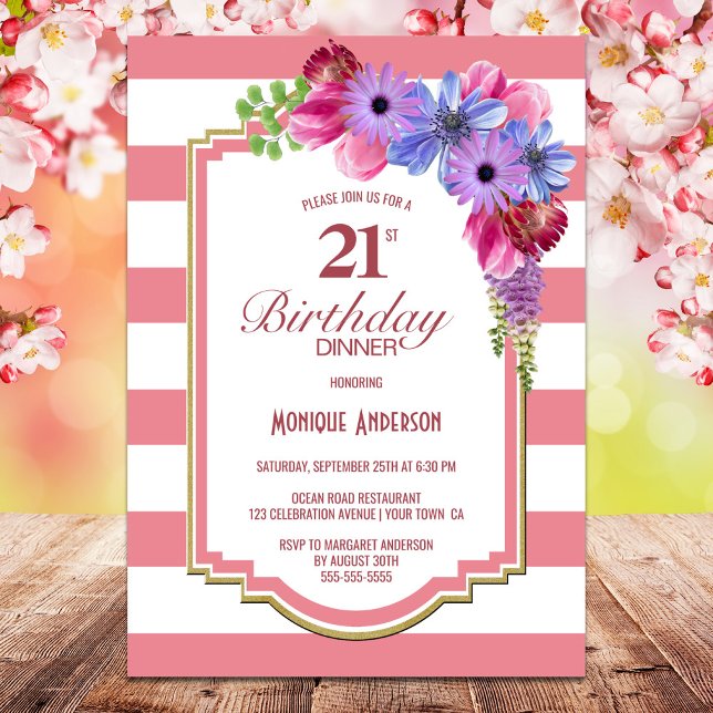 Invitation 21e anniversaire Soirée florale rose rayée (Créateur téléchargé)