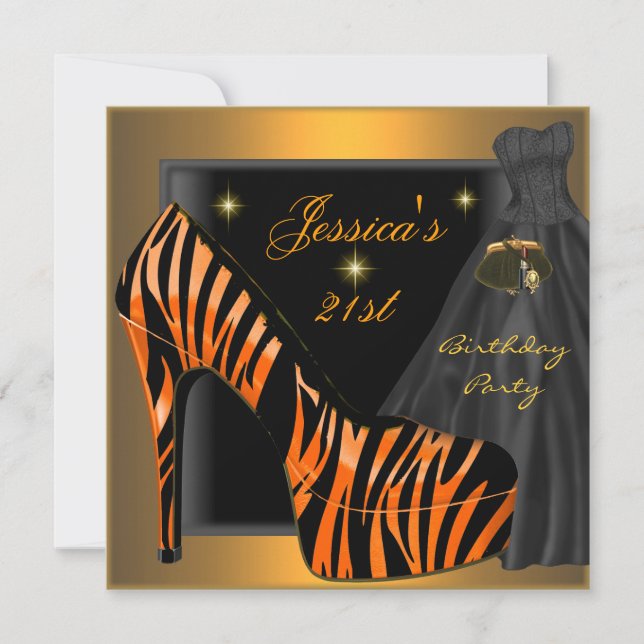 Invitation 21e Anniversaire Soirée Gold Orange Black Zebra (Devant)