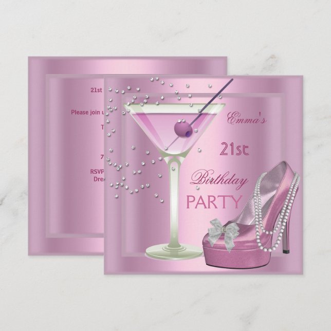 Invitation 21e Anniversaire Soirée Martini Rose Haut talon Ch (Devant / Derrière)