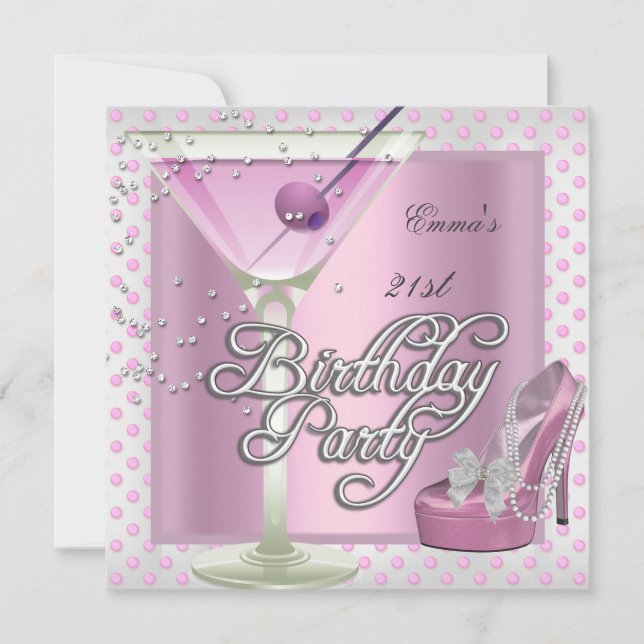 Invitation 21e Anniversaire Soirée Martini Rose Haut talon Ch (Devant)