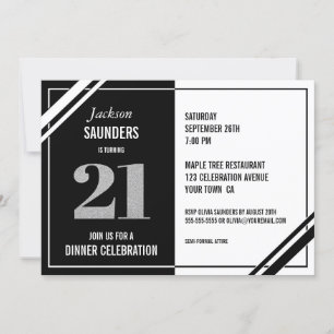 Invitation 21e anniversaire Soirée moderne Noir et Blanc