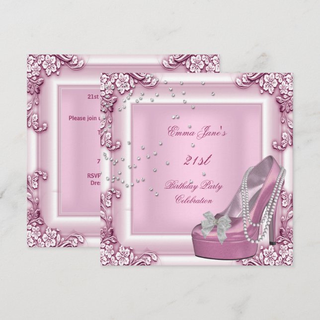 Invitation 21e Anniversaire Soirée Rose haute talon Chaussure (Devant / Derrière)