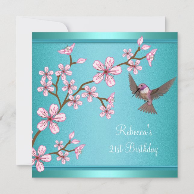 Invitation 21e anniversaire Turquoise Bleu Asiatique Fleurs r (Devant)