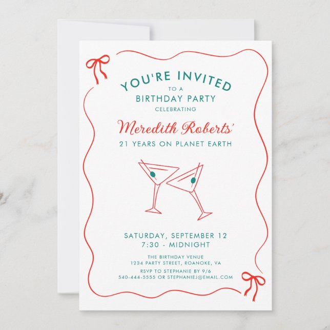 Invitation 21e anniversaire Wavy Border avec Bows Party (Devant)