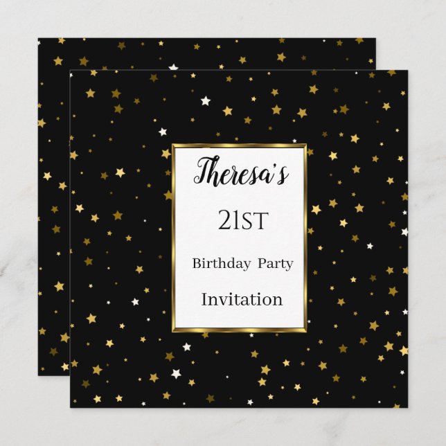 Invitation 21e Black Gold Stars Anniversaire (Devant / Derrière)