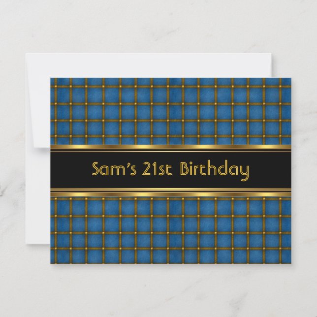 Invitation 21e fête d'anniversaire Black Blue Gold Mans (Devant)