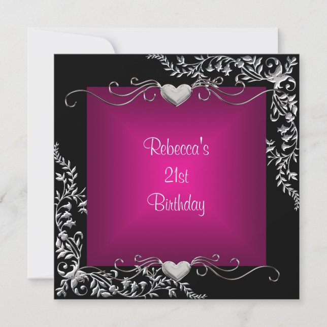 Invitation 21e fête d'anniversaire Black Bright Deep Pink Sil (Devant)