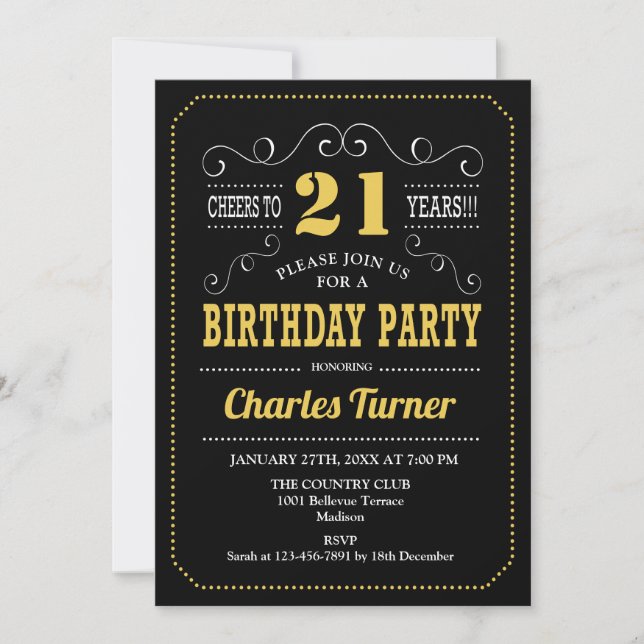 Invitation 21e fête d'anniversaire - Black Gold White (Devant)