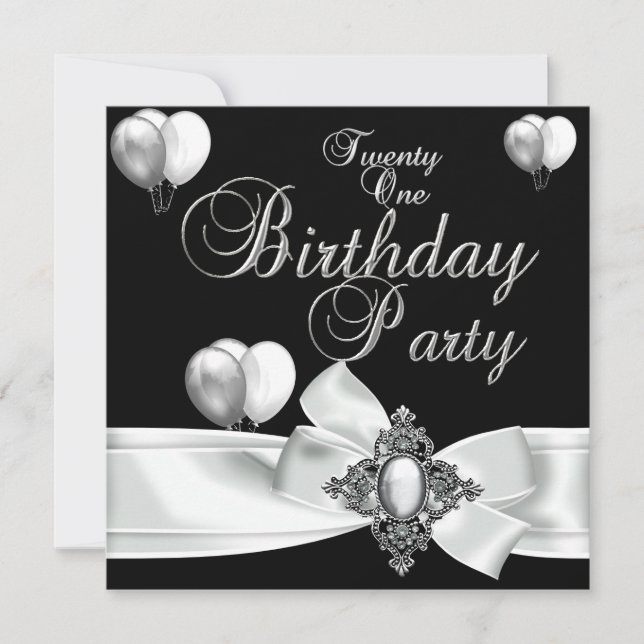 Invitation 21e fête d'anniversaire Black White Silver Ballons (Devant)