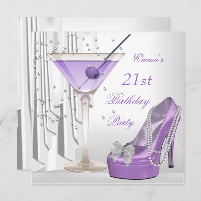 Invitation 21e fête d'anniversaire Blanc Lilac Martini Pearl  (Devant / Derrière)