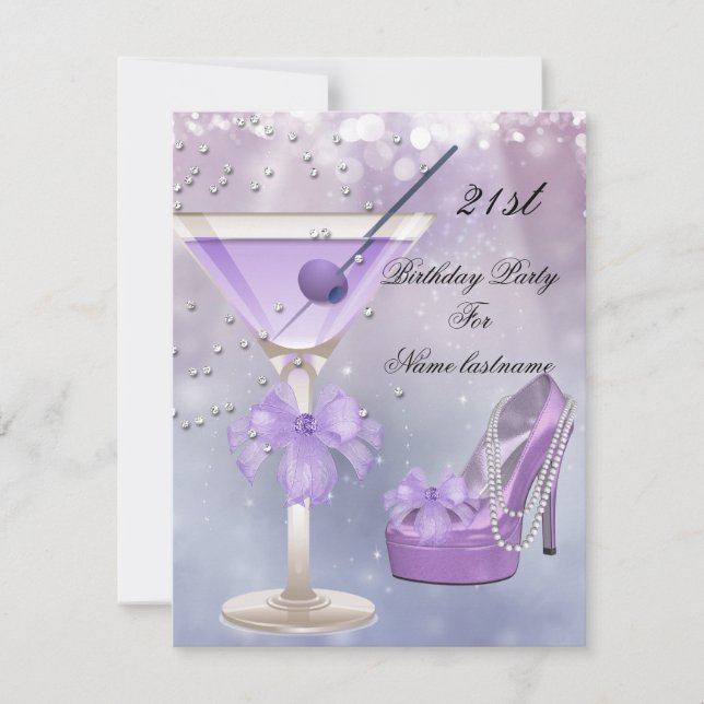 Invitation 21e fête d'anniversaire blanc Lilac Martini violet (Devant)