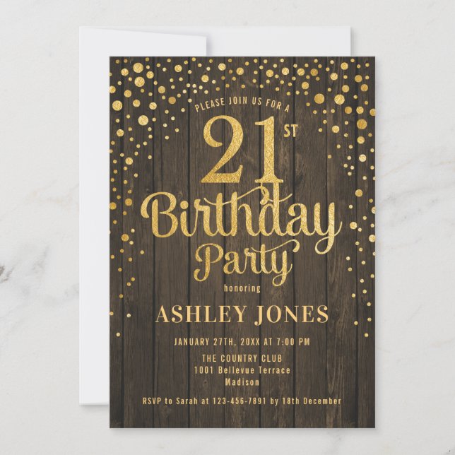 Invitation 21e fête d'anniversaire - Bois rustique & Or (Devant)