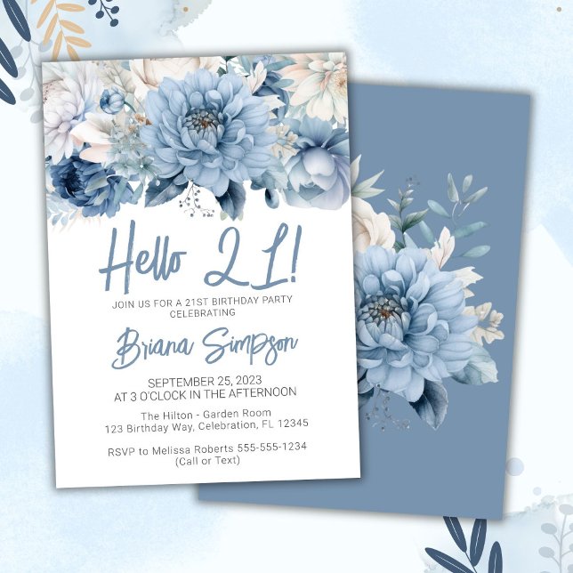 Invitation 21e fête d'anniversaire Dusty Blue Floral (Créateur téléchargé)