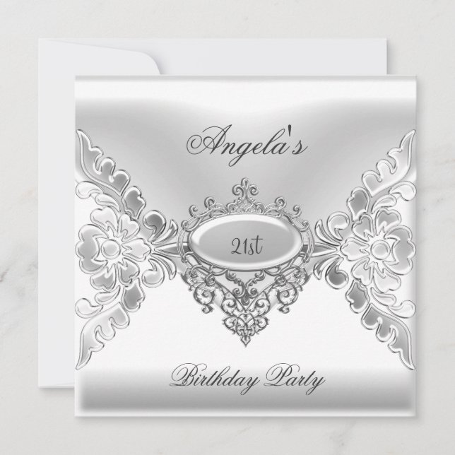 Invitation 21e fête d'anniversaire Elégant bijou blanc d'arge (Devant)