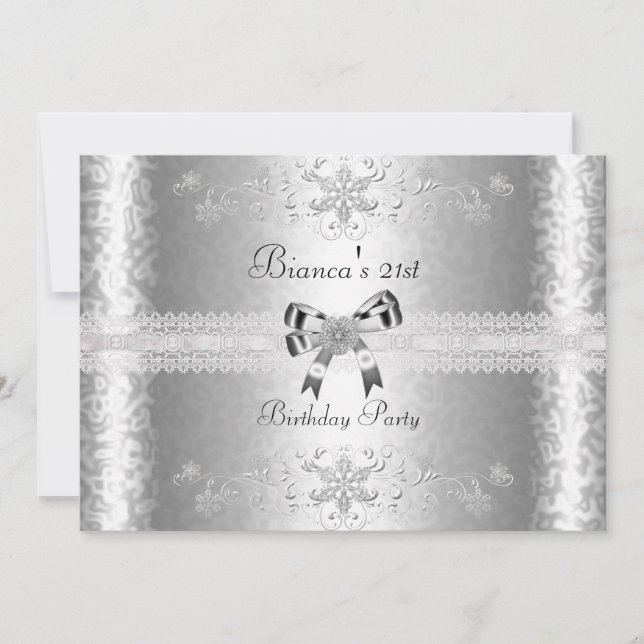 Invitation 21e fête d'anniversaire Elégant Silver Blanc Flora (Devant)