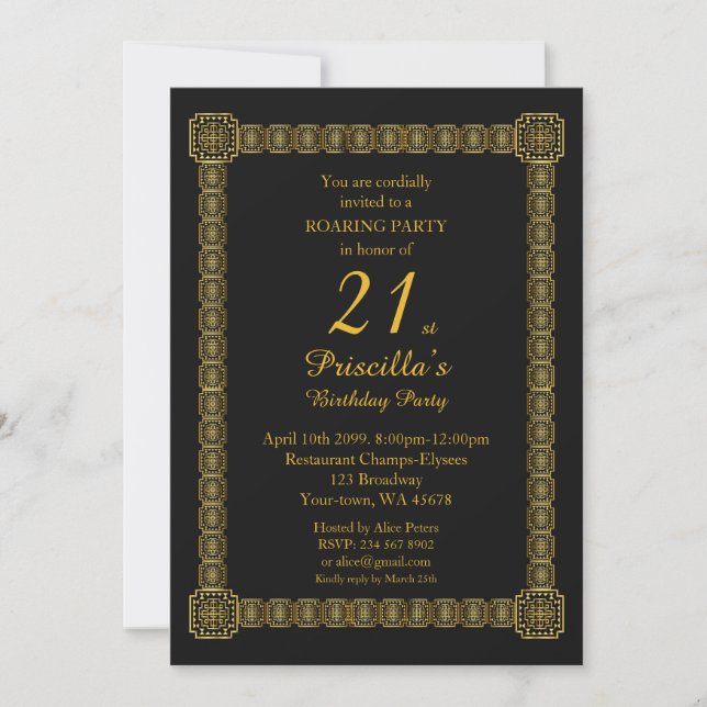 Invitation 21e,Fête d'anniversaire,Gastby Style,Black Gold v3 (Devant)