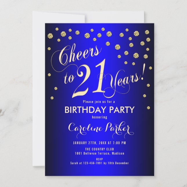 Invitation 21e fête d'anniversaire - Gold Royal Blue (Devant)