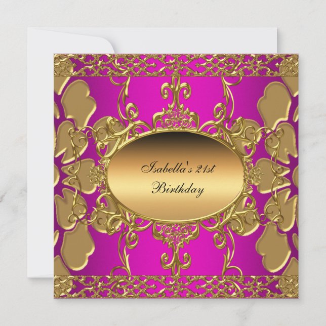 Invitation 21e fête d'anniversaire Hot rose Or Flourish Gold (Devant)