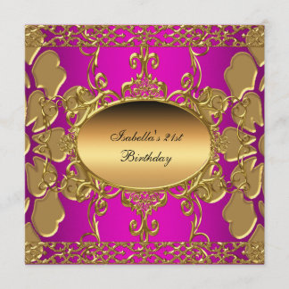 Invitation 21e fête d'anniversaire Hot rose Or Flourish Gold